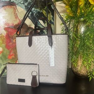 Dooney & Bourke Cream and Brown Woven Tote Set / NWT